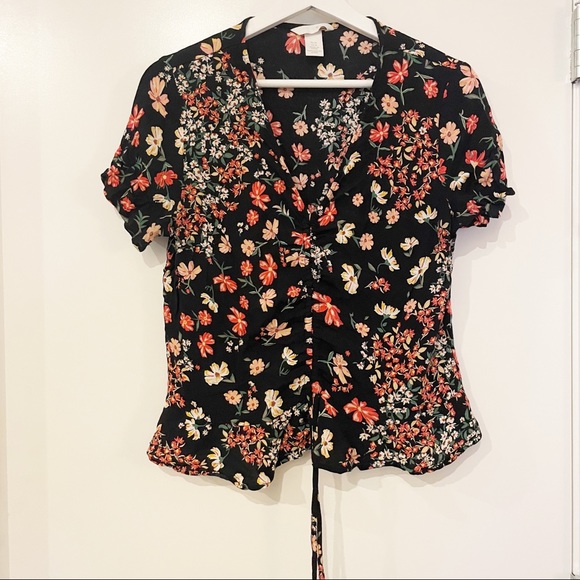 H&M black multicolour floral drawstring blouse Size 10 - Picture 6 of 11
